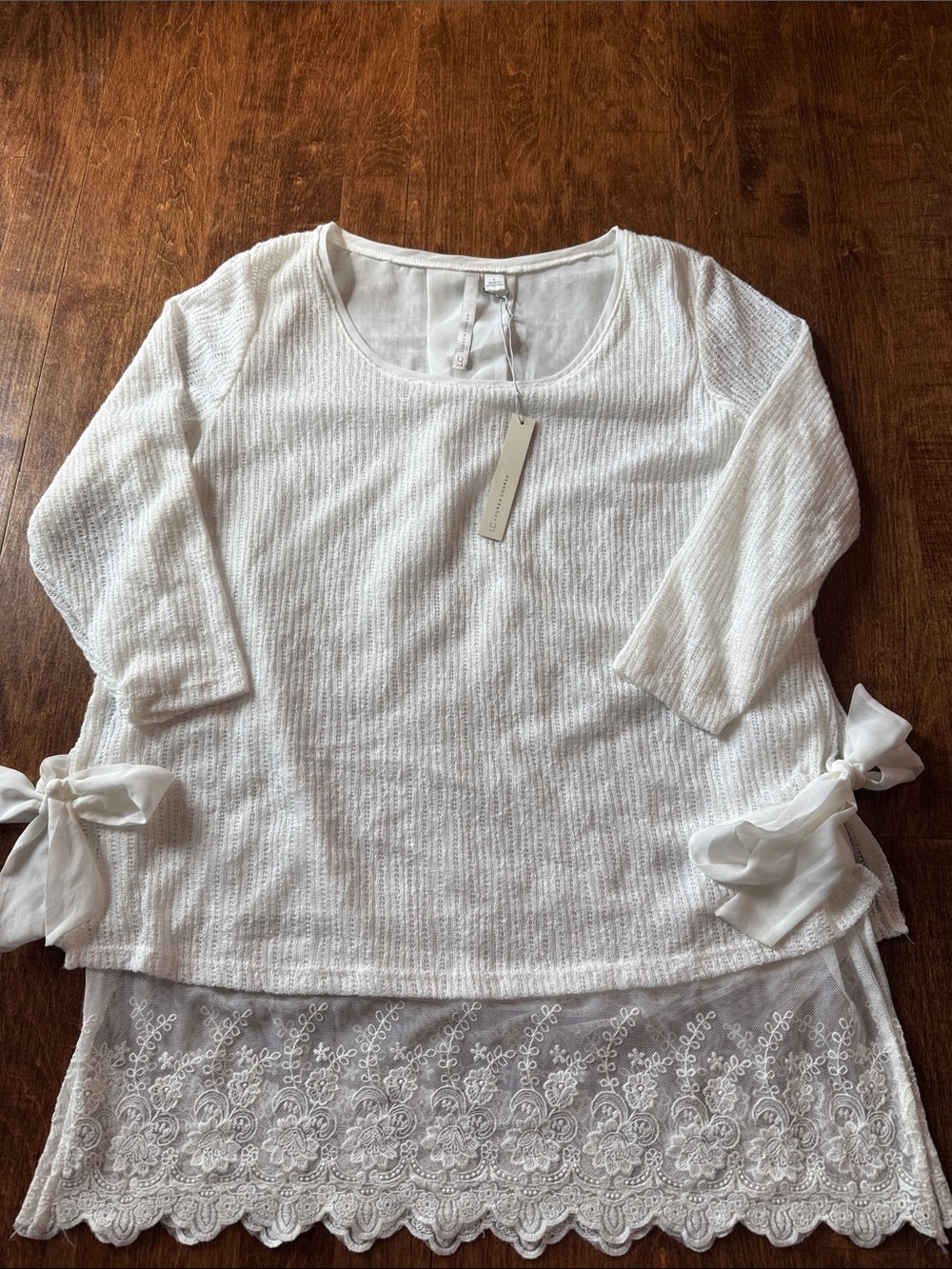 LC Lauren Conrad White Layered Knit Tunic with Lace Trim and Side Bows
